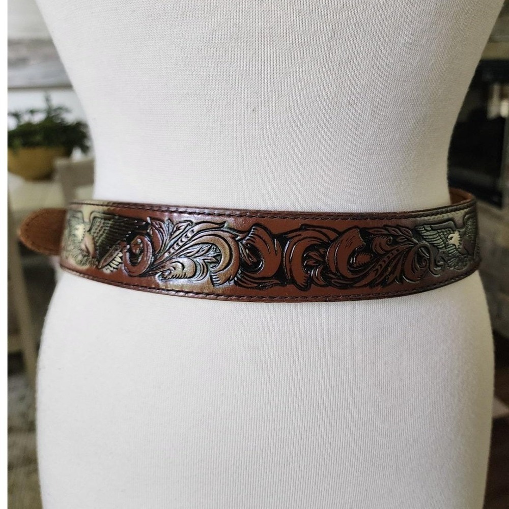 Vintage Mens Brown Tooled Leather Western Belt Eagle Floral Scroll Silver Buckle